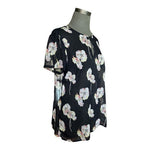 Ann Taylor Navy Blue Sheer Floral Keyhole Top M Loose Fit Short Sleeve Blouse