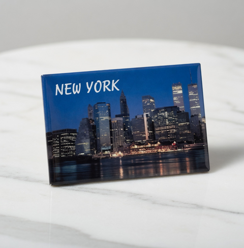 Vintage NYC Skyline Fridge Magnet Twin Towers World Trade Center Night View VG