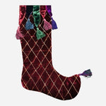 Large Christmas Stocking 42" Burgundy Red Velvet Quilted Tassels Handmade India