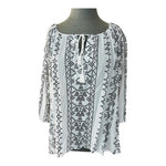 Ann Taylor LOFT Women's Black White Embroidered Sheer Blouse M Tie Neck EXC