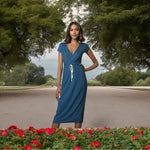 Sarin Mathews Women's Blue Cotton V-Neck Maxi Dress L Short Sleeve Beach NWT