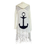 Vintage Havana Women's Ivory Navy Anchor Hooded Sweater M Fringe Knit Excellent