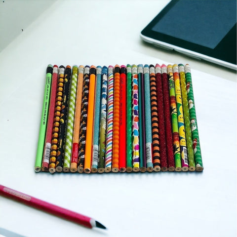 24 Wood Pencils NEW Back to School Unsharpened with Erasers Mixed Themes