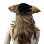 Vintage Wide Brim Natural Straw Sun Hat Black Satin Rose Flower Accent VG