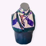 Designer Equestrian Animal Print Silk Scarf 34"x34" Handmade France Purple Green
