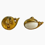 Vintage TRIFARI Oval Gold White Clip-On Earrings 1" Enamel Button Signed Good