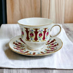 Vintage Ridgway Queen Anne Bone China Teacup Saucer Set Gold Pink Roses Floral