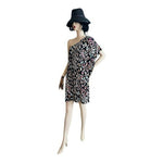 NICOLE MILLER Black One Shoulder Ruffle Bodycon Dress Sz M Multicolor Spotted VG