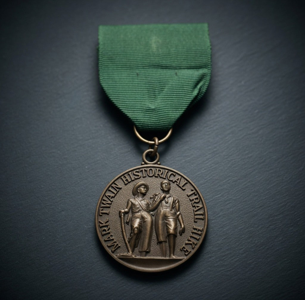 Vintage Mark Twain Historical Trail Hike Medal Bronze Tone Green Ribbon Good