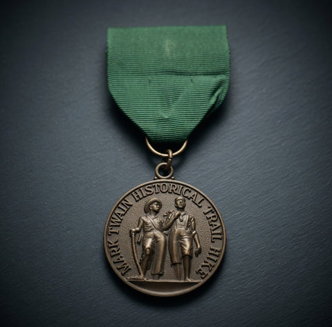 Vintage Mark Twain Historical Trail Hike Medal Bronze Tone Green Ribbon Good