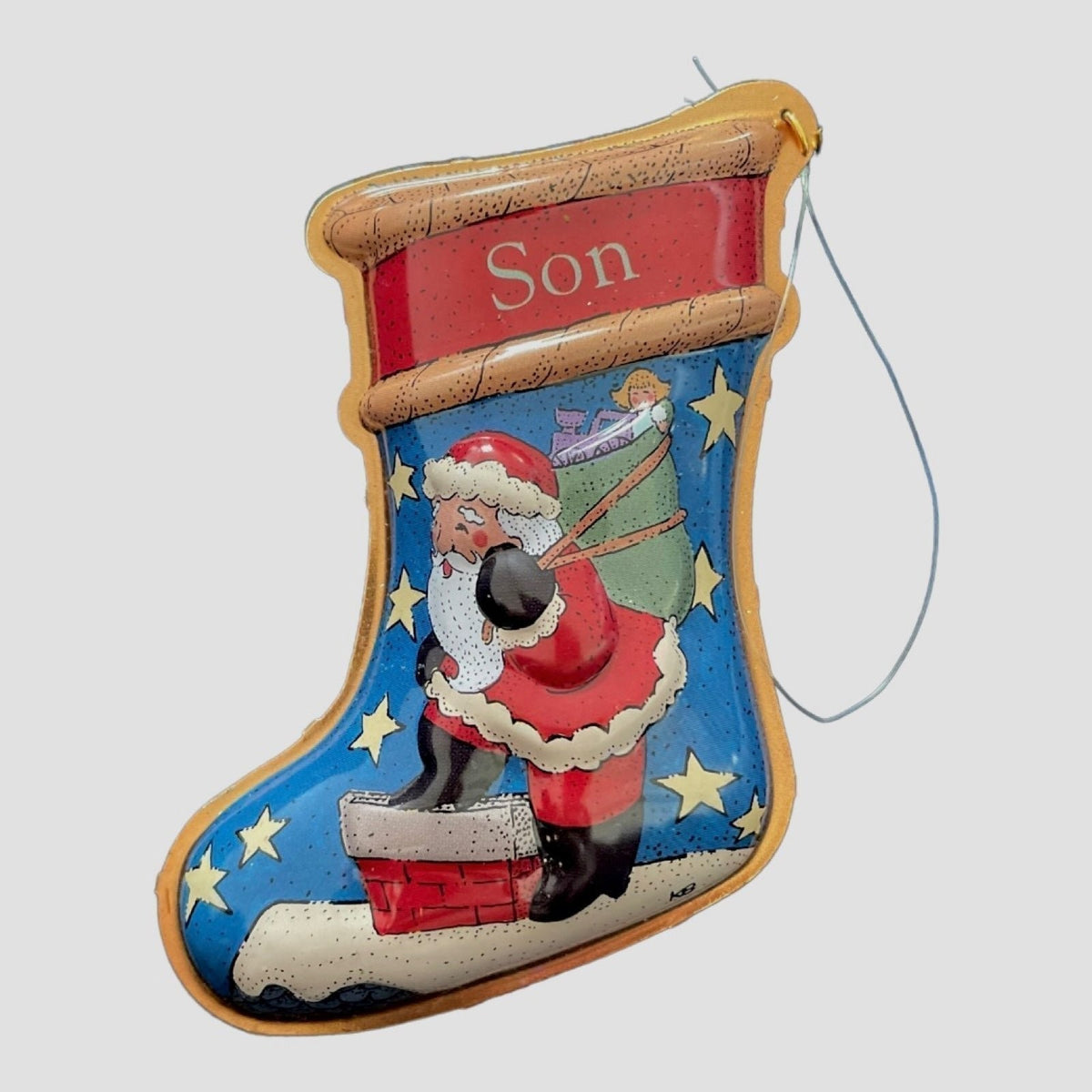 Vintage Christmas Ornament Hallmark Tin SON Santa Stocking Xmas Ornament Holiday