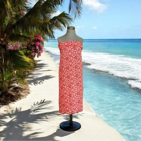 Tropical Floral Fringe Sarong Red Tan Rayon Beach Cover Up Wrap One Size