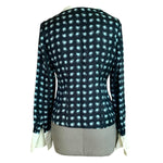 Women Shirt JONES NEWYORK Black Blue Geometric Print Silk Blouse Long Sleeve Top