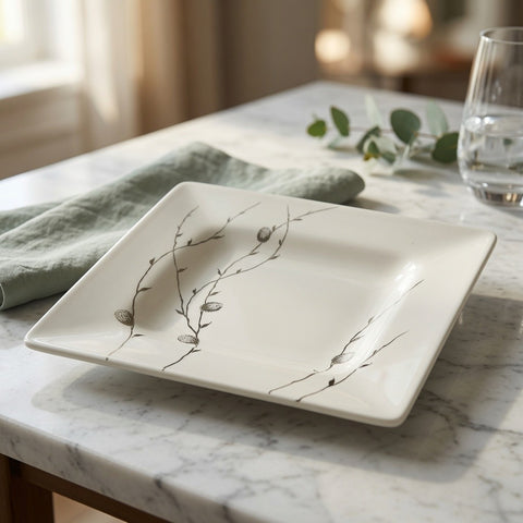 Vintage Crate & Barrel Square Ceramic Plate HandPainted Willow Silver Pods Italy