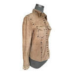 TRES JOLIE Tan Suede Leather Button Front Shirt Jacket Copper Grommets S/M G