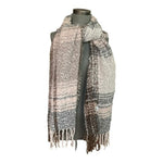 Grey Brown Beige Plaid Scarf 88x25 Fringe 100% Polyester Reversible Shawl EXC