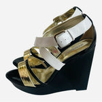 SHOEDAZZLE MORGANA Black Gold White Open Toe Platform Wedge Sandals Size 8