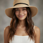 Women's Wide Brim Straw Sun Hat Beach Floppy Summer Linen Cap Black Leather Tie