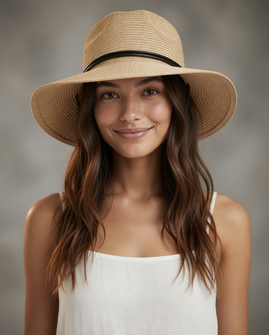 Women's Wide Brim Straw Sun Hat Beach Floppy Summer Linen Cap Black Leather Tie