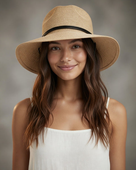 Women's Wide Brim Straw Sun Hat Beach Floppy Summer Linen Cap Black Leather Tie