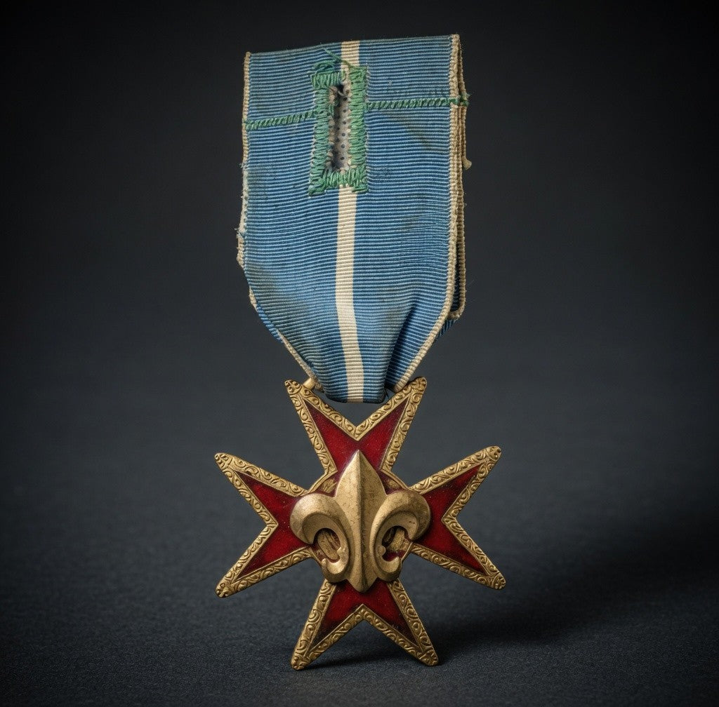Vintage French Scouting Medal Fleur-de-Lis Star Blue Ribbon Military Collectible