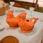 Temptations Orange Polka Dot Chicken Rooster Creamer Sugar Pot Set Ceramic VG