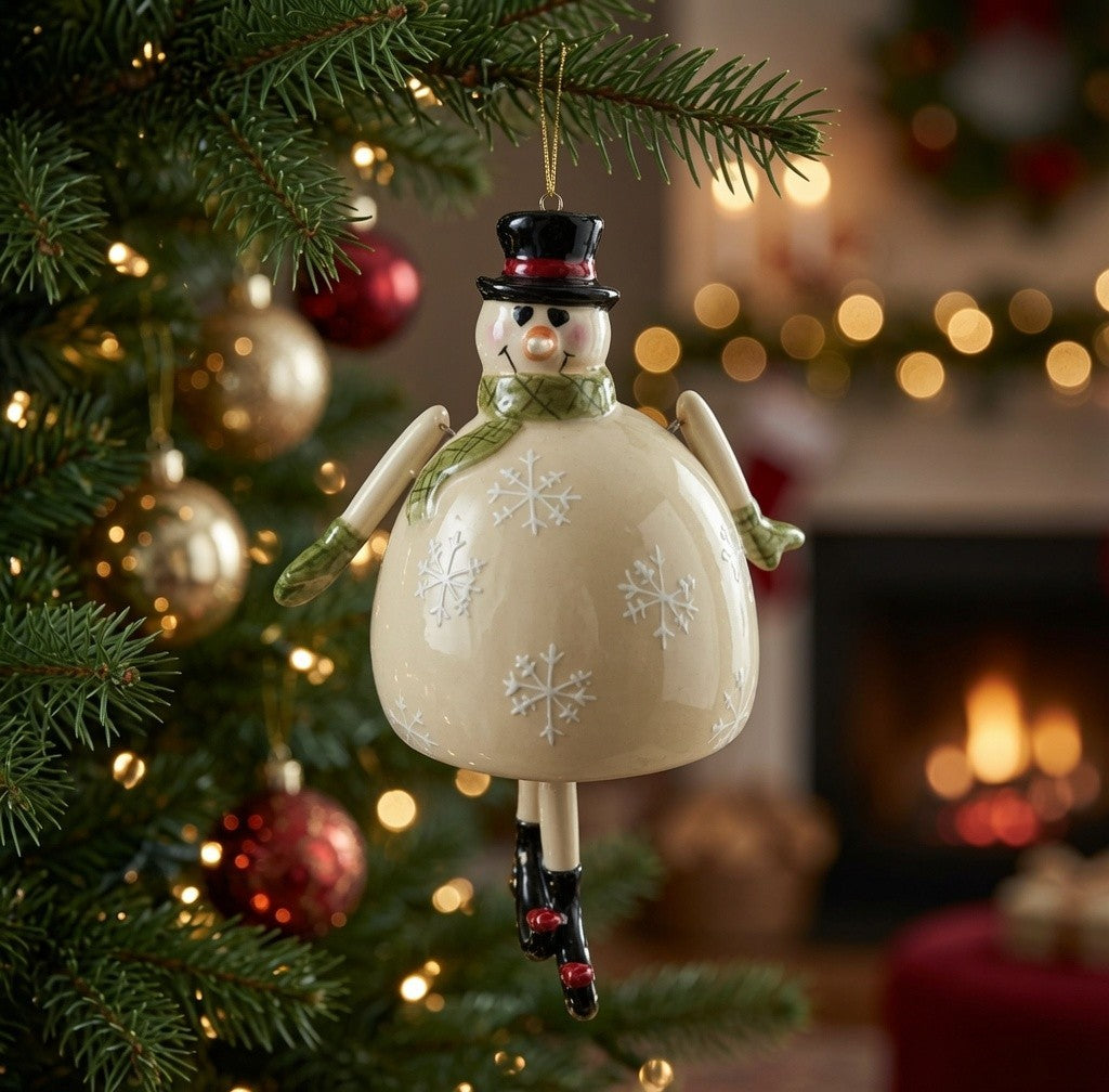 Pier 1 Imports Ceramic Snowman Ice Skater Christmas Ornament Top Hat Snowflake