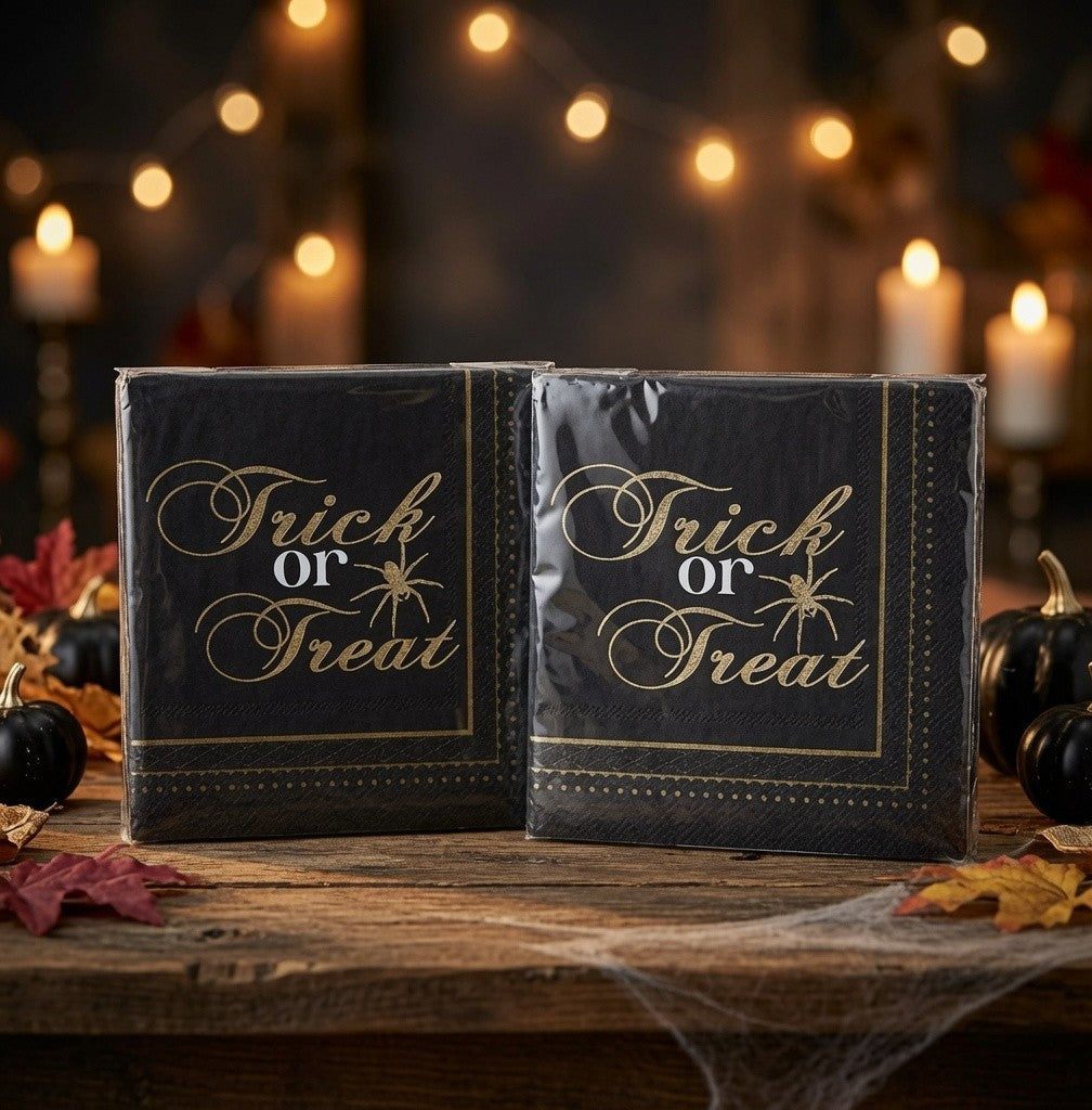 Trick or Treat Halloween Beverage Napkins Lot of 2 Gold Spider NIP