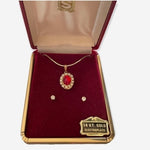 Vintage 14K Gold Plated Red White Crystal Necklace Earrings Set Oval Pendant NIB