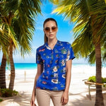 Koz Events Women Blue Hawaiian Print Button Front Shirt M Polyester Short Sleeve