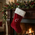 Monogram Letter C Red Velvet Christmas Stocking White Faux Fur Cuff 18.5" EXC