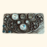 Rare BALIZZA Signature Crystal Floral Belt Buckle Brass Rhinestone 4"x2" Gray VG
