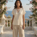 Escada Margaretha Ley 100% Silk Ivory Blouse Rose Lace Appliqué Top Sz 42 L NWT