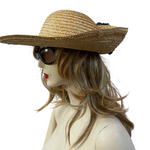 Vintage Wide Brim Natural Straw Sun Hat Black Satin Rose Flower Accent VG