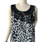 Chico's Women's Black White Animal Print Satin Tank Top 2 (L) Sleeveless Blouse