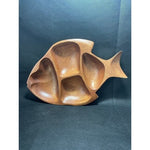 Large Fish Shaped Wood Salad Plate 4 Compartment Serving Tray 15"x10" Brown Exc
