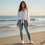 MNG Mango White Sheer Long Sleeve Knot Front Blouse Top Size 4