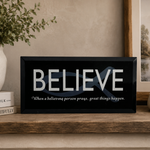 Believe John 5:16 Black Glass Inspirational Sign 6x2.75" Desk Hang Home Decor VG