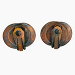 Antique Copper Blue Glass Button Clip On Earrings 1.25" Signed Genuine Copper