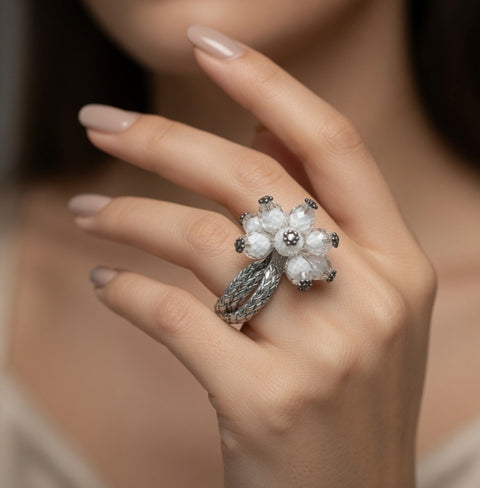 Silver White Beaded Flower Ring Adjustable One Size Fits Any Jewelry