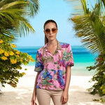 Vintage Alfred Dunner Hawaiian Floral Silk Blouse 18 Button Front Short Sleeve