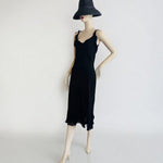 Vintage LAPIS Women Gown M Black V Neck Ruffle Sheer Ball Gown Tie Shoulder Midi