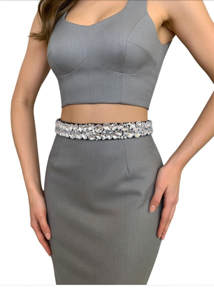 Boston Proper Black Crystal Embellished Elastic Waist Belt 1.5" Size 30-34 NWT