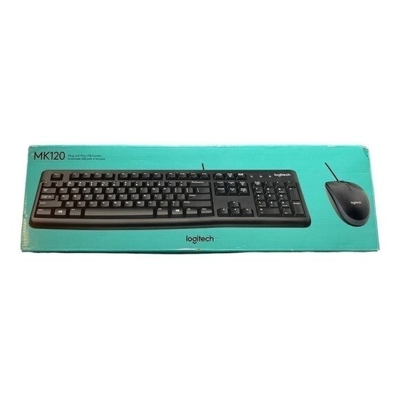 Logitech MK120 Wired Keyboard Mouse Combo QWERTY Gaming Set Black New