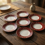 7pc Japanese Kana Calligraphy Ceramic Saucer Plate Set Red White 6.25" EXC