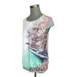 Orsay Women's Gray Satin Lake Boat Print Blouse M Short Sleeve Crew Neck Good