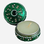 Handmade Rhinestone Beaded Travel Tea Light Candle Holder Tin Box 1.75 Green New