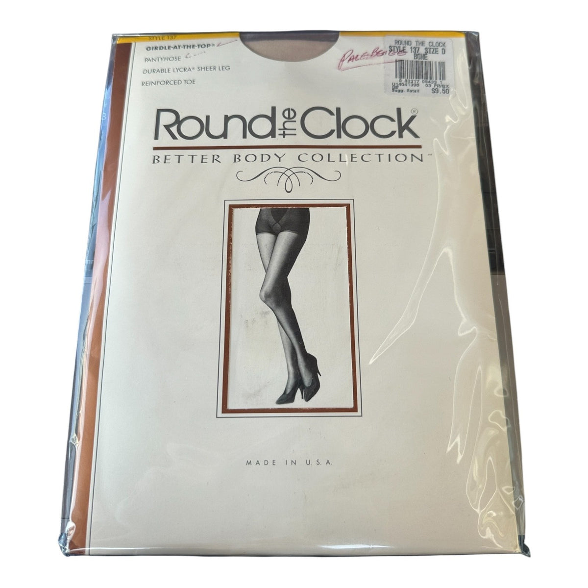 Vintage Round The Clock Pantyhose Style 137 Bone Lycra Sheer Size D NIB 90s
