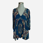 FREE PEOPLE Girl Talk Tunic XS Blue Paisley V Neck Balloon Sleeve Boho VG
