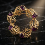 Vintage Gold Tone Wreath Purple Crystal Amethyst Brooch Pin 1.25" Excellent